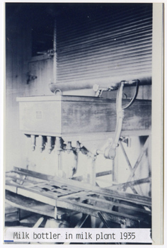 1935 – Milk Bottling machine, This large rectangular receiving tank had 12 spigots with rubber grommets on the bottom. It would facilitate a case of milk under it, and when the lever was pulled down, would fill 12 bottles of milk at once.