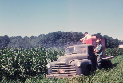 Spraying for army worm – Warren Shaw Sr standing on the running board, overseeing the spraying for army worm, only seen once every decade or so. The spraying was urgent. 1961