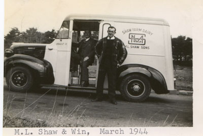 Spring 1944 – March 1944 finds ML Sr. and Winthrop Shaw in their new Dodge step-in truck. This was a big improvement over the open bed pick up trucks, which required a heavy quilt be pulled over the milk to keep it from getting warm on the route. The back of the new truck was well insulated.