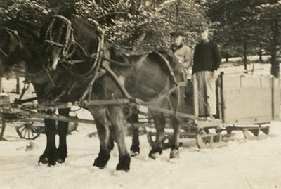 M.L. Shaw Jr. and George Hoar – This scene from about 1924 shows ML and George on a sleigh. Years later, when the government was collecting metal for WWII, the sleigh went into a bonfire, and the metal was sold for the war effort.