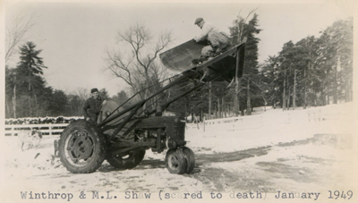 Not one to be daring, ML Shaw (Sr.) poses on a slightly raised plow blade, urged on by Winthrop. Winthrop later mentioned that his dad seemed “scared to death.”